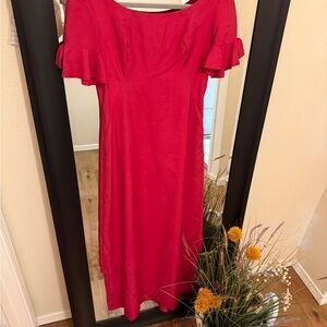 Chic Red Midi Dress with Ruffle Sleeves